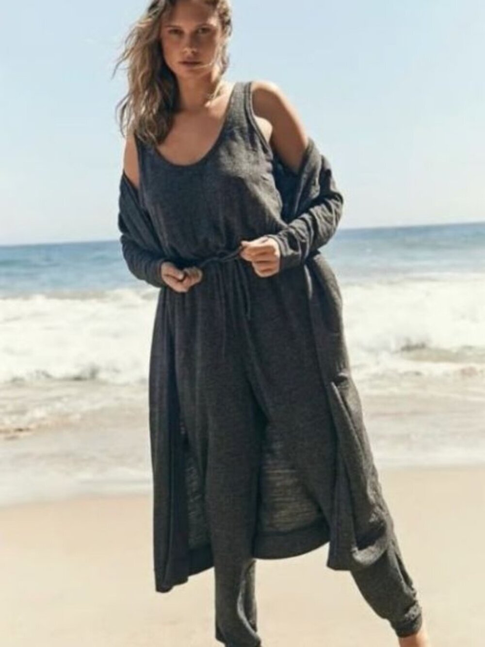 Free People Beach Bicoastal Duster Cardigan in Charcoal Heather